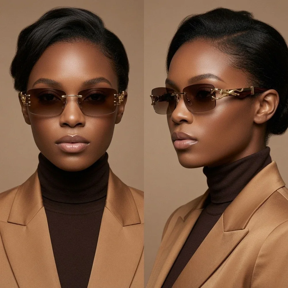 Womens Fashion New Sunglasses Frameless, Designer Inspired Brown Gradient Lens